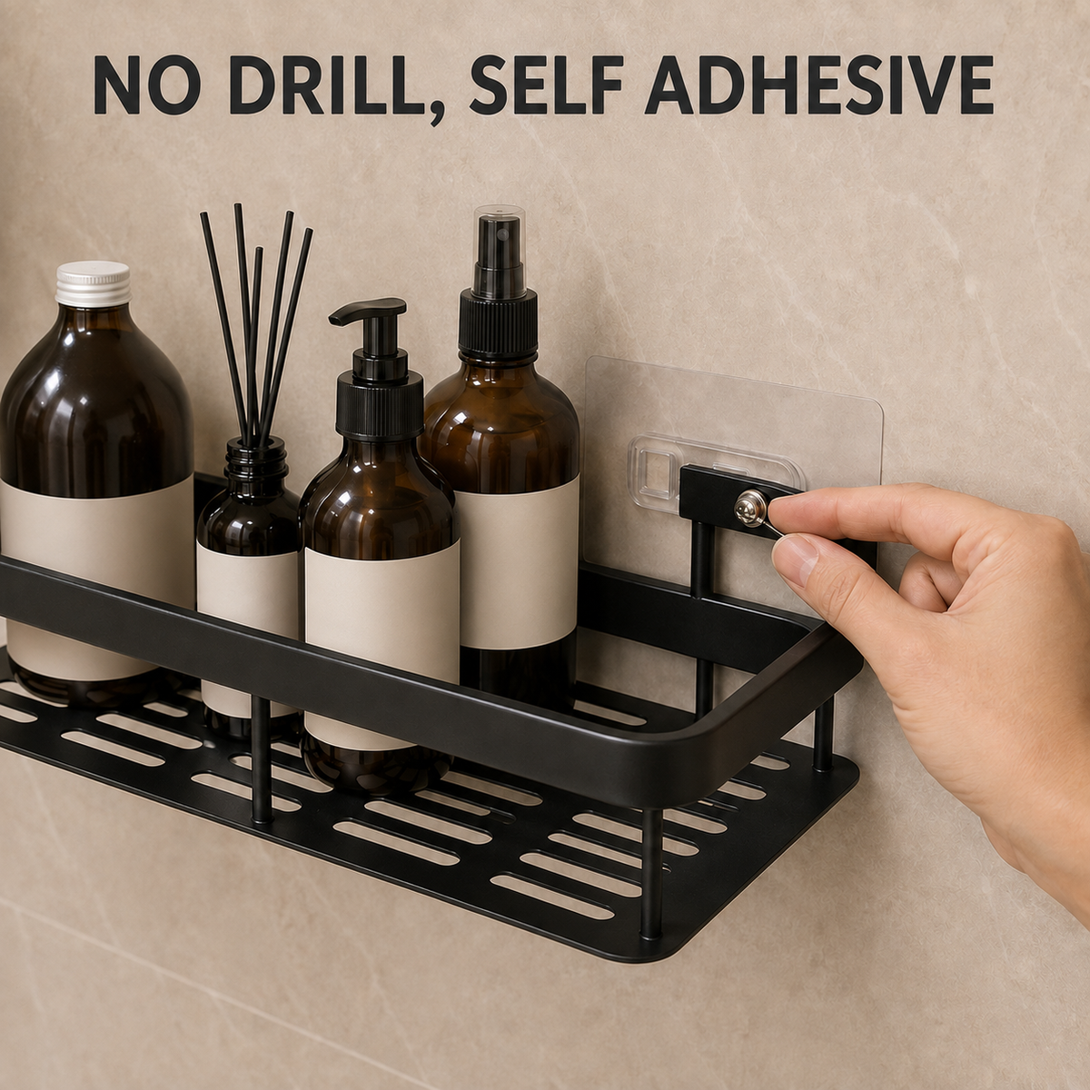 No-drill self-adhesive shower caddy installation