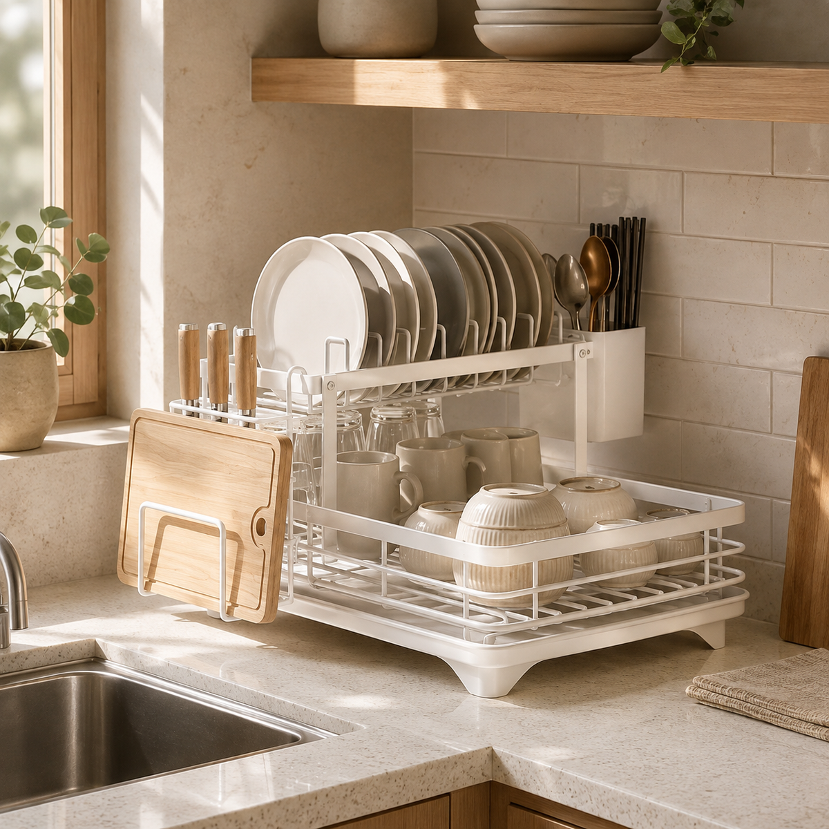 2-Tier Dish Rack with Utensil Holder