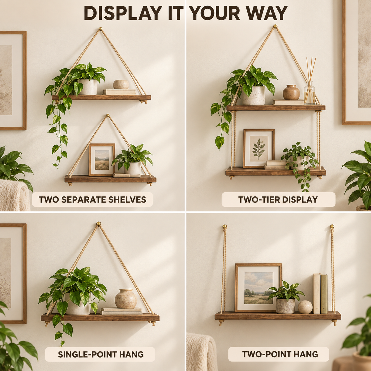 Hanging Wooden Rope Shelf