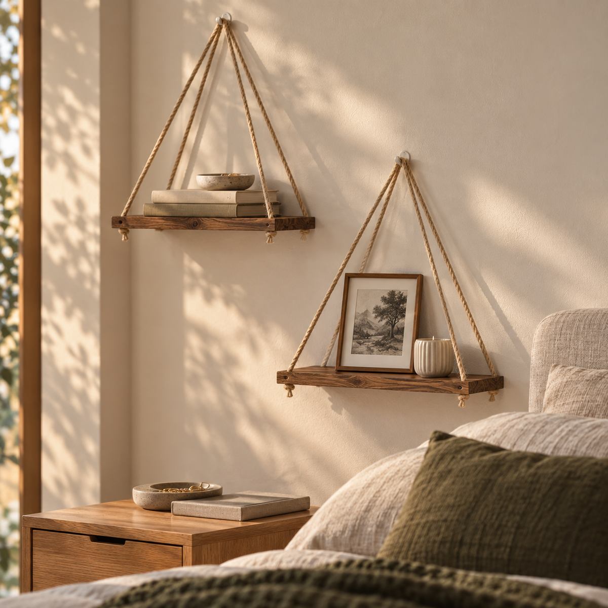 Hanging Wooden Rope Shelf