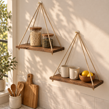 Hanging Wooden Rope Shelf
