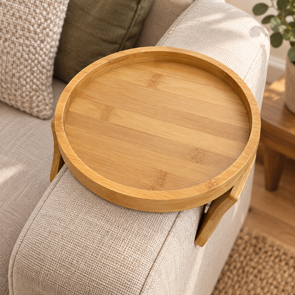 Bamboo sofa arm tray on a cream sofa