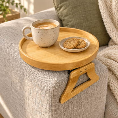 Bamboo sofa tray holding coffee and biscuits
