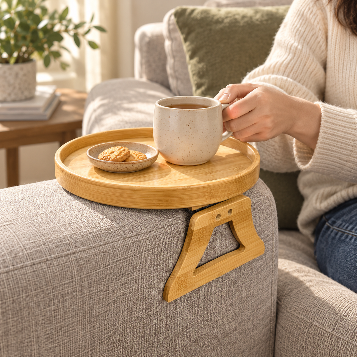 Person reaching for tea on a bamboo sofa arm tray
