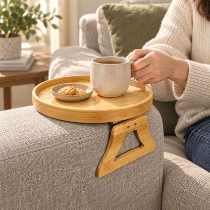 Person reaching for tea on a bamboo sofa arm tray