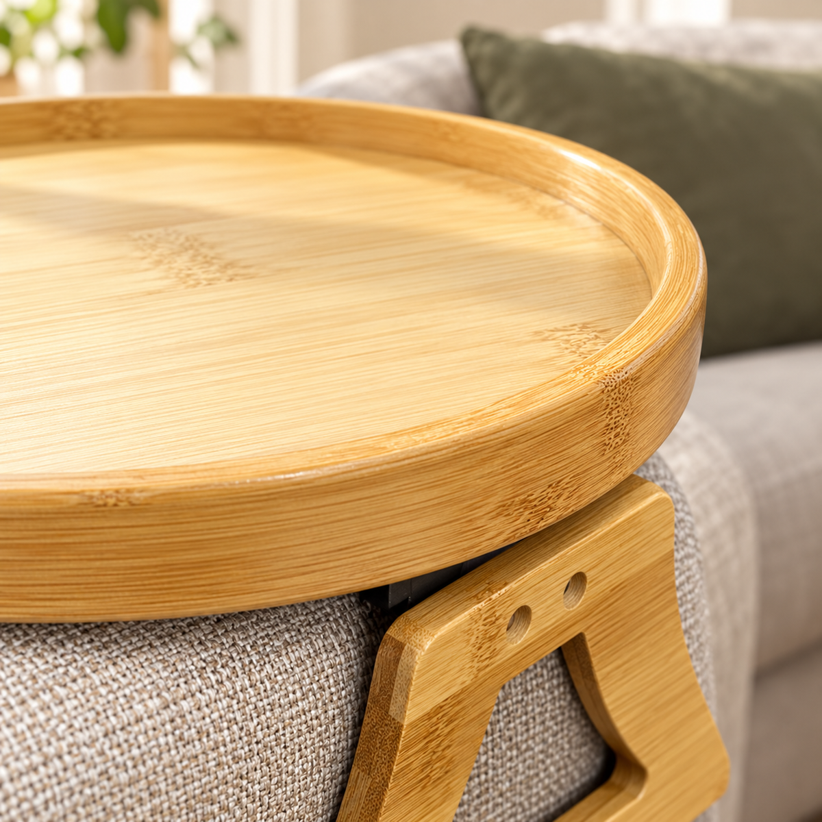 Close-up of bamboo grain, raised rim and hinged grip