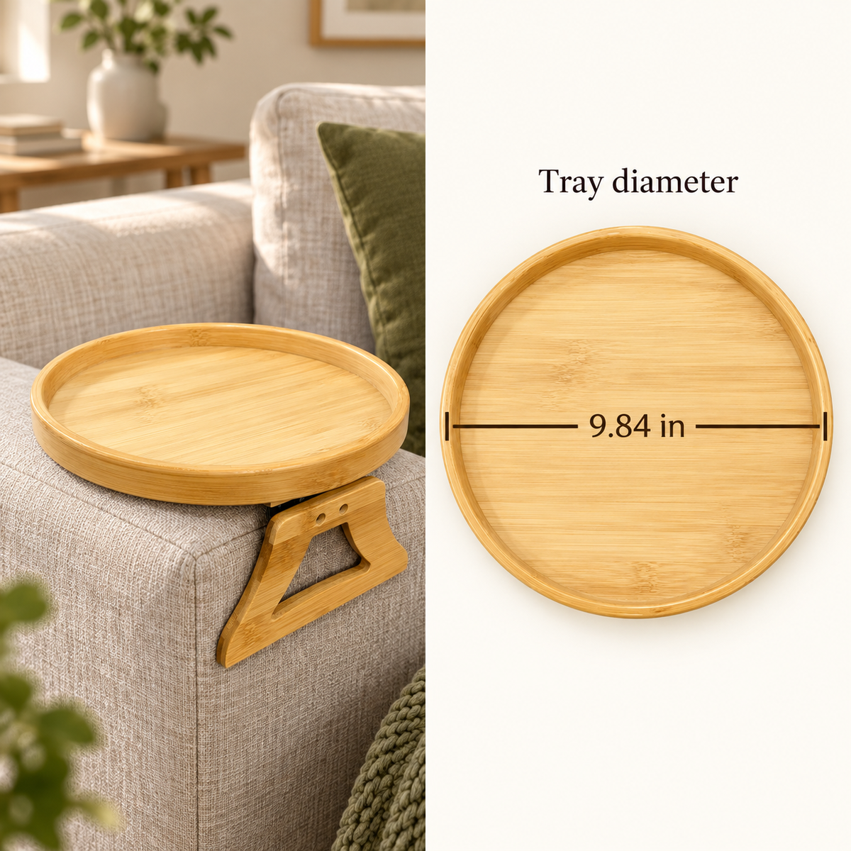Bamboo Sofa Arm Tray with 9.84-inch diameter