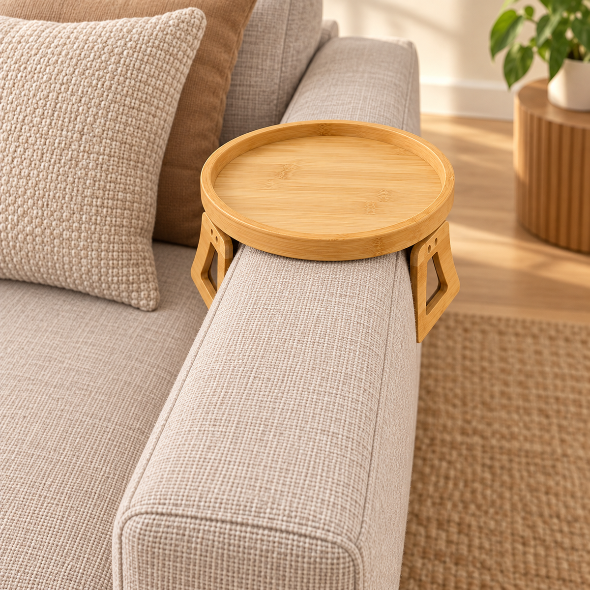 Bamboo Sofa Arm Tray mounted along the side armrest with both adjustable grips visible