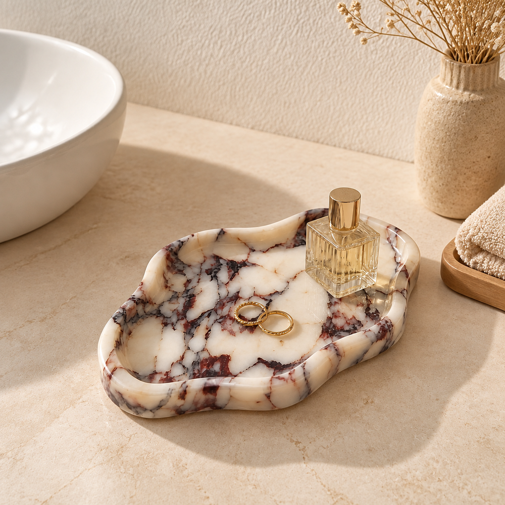 Calacatta Viola ceramic vanity tray with perfume and rings