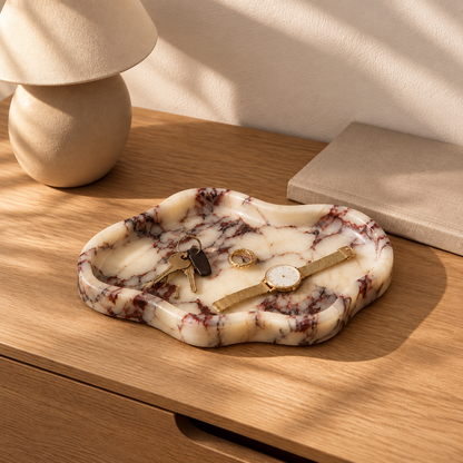 Calacatta Viola ceramic tray with watch keys and ring