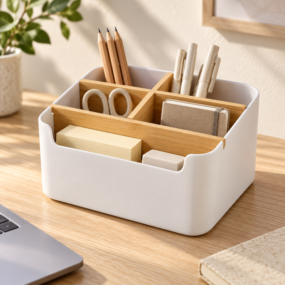 White desk organizer with stationery on an oak desk