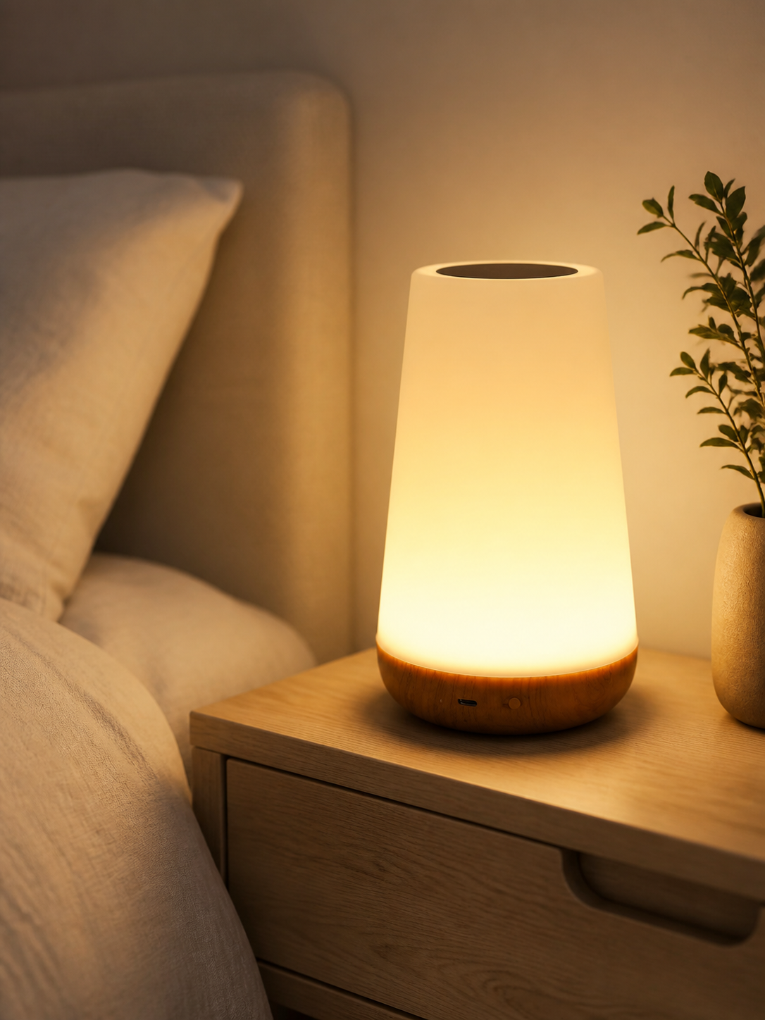 Modern rechargeable bedside table lamp glowing warmly in a bedroom