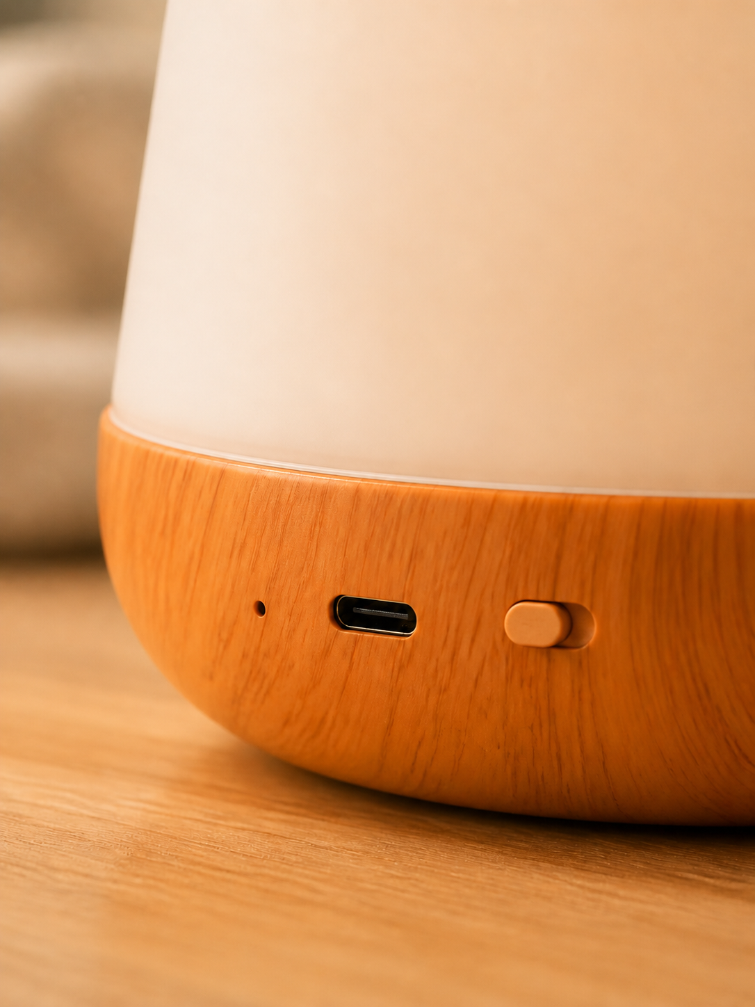 Close-up of the bedside lamp controls and USB charging interface