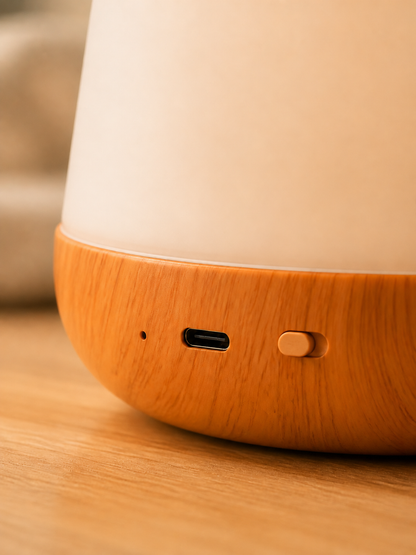 Close-up of the bedside lamp controls and USB charging interface