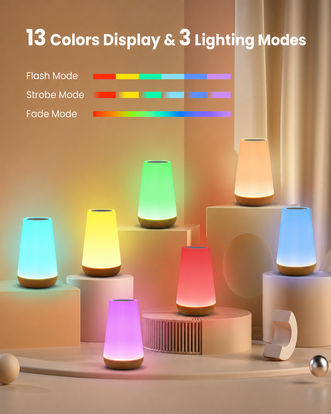 Modern bedside lamp displaying its RGB color modes