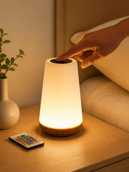 Hand using the touch control on the modern bedside lamp