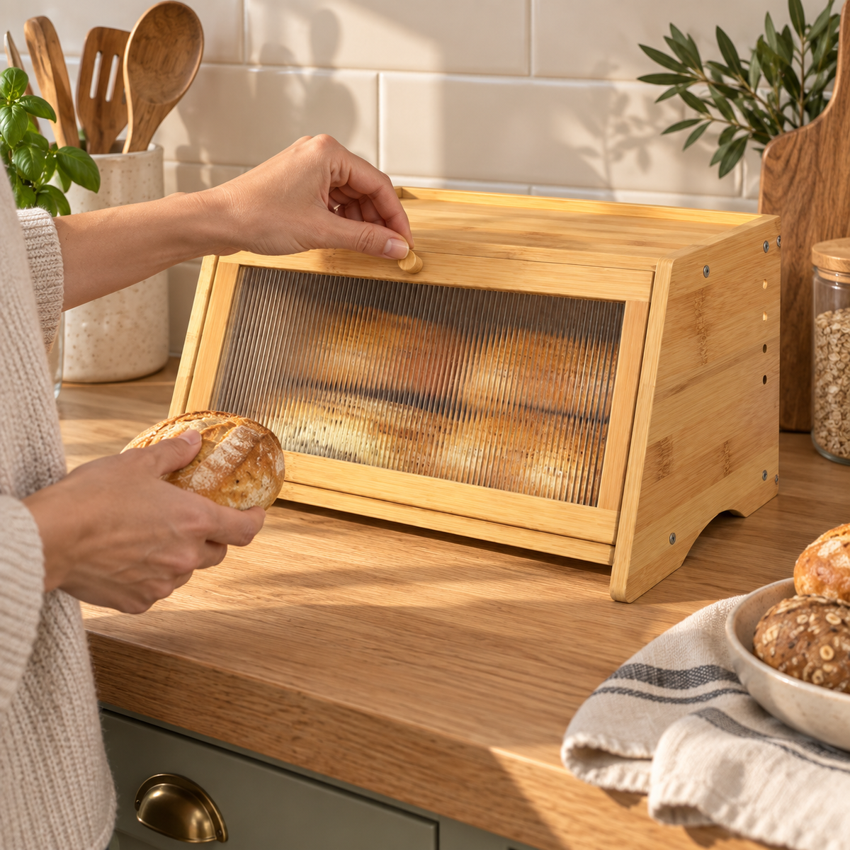 Fluted-Door Bread Box — lifestyle in use