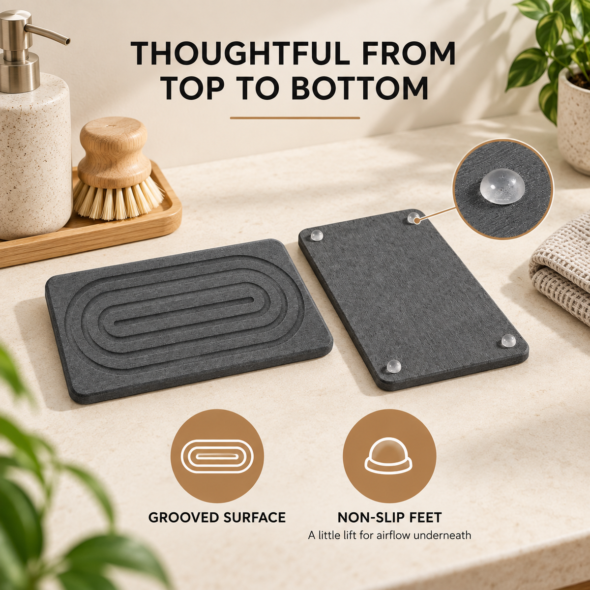 Diatomite Sink Trays, Pair — infographic surface and feet