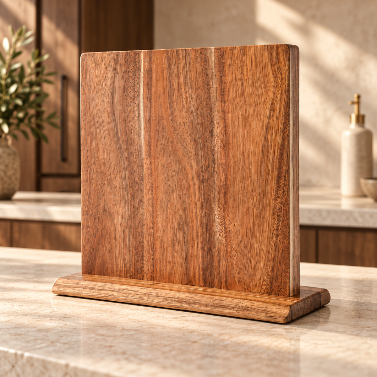 Magnetic acacia knife block on a cream stone kitchen counter