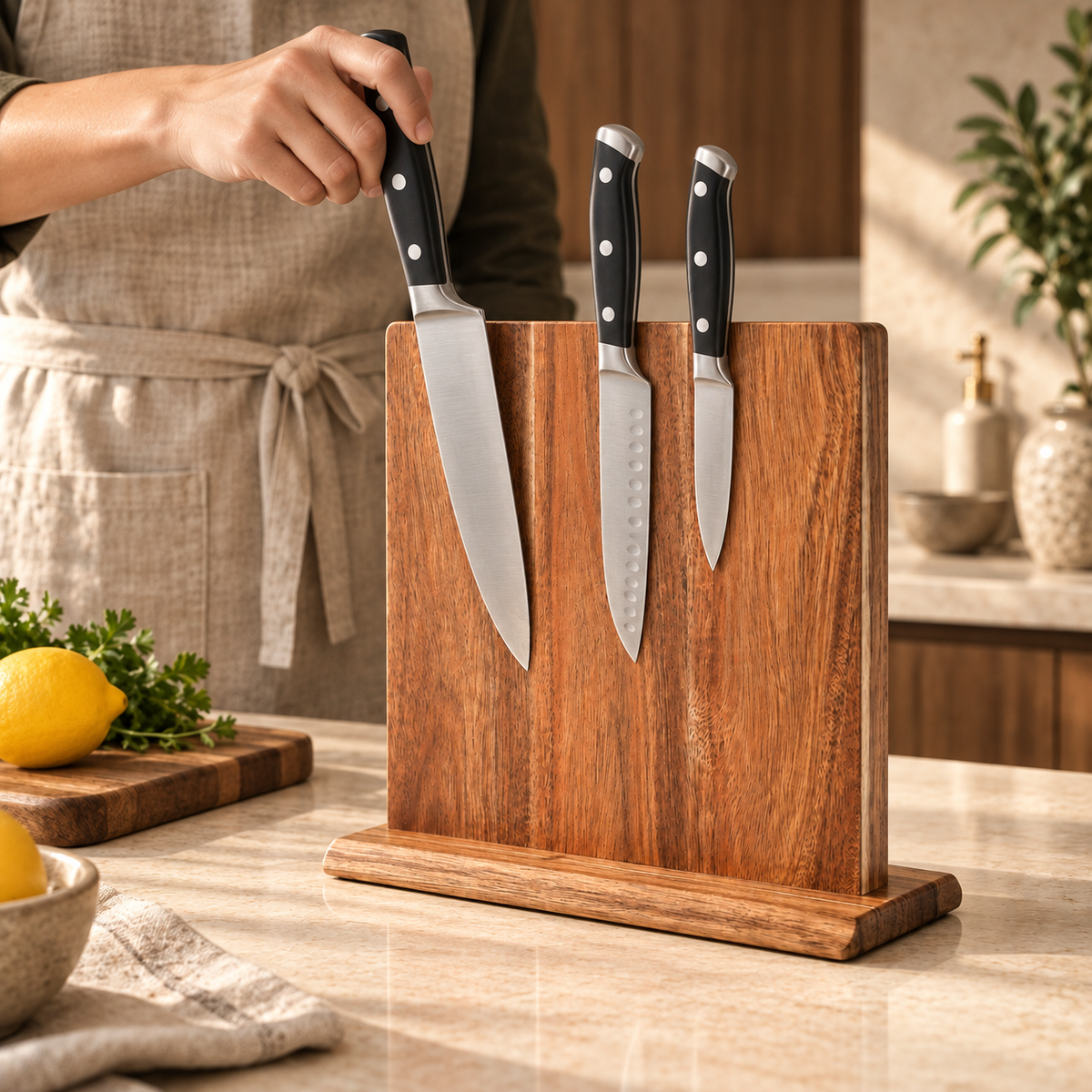 Magnetic Acacia Knife Block — lifestyle in use