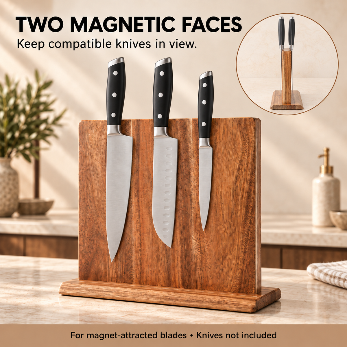 Magnetic Acacia Knife Block — infographic magnetic faces