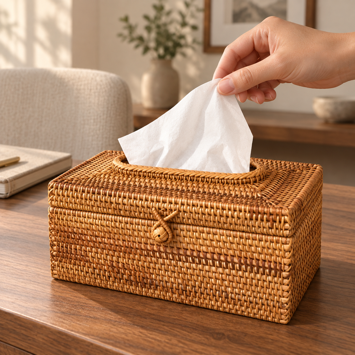 Woven Tissue Box — lifestyle in use