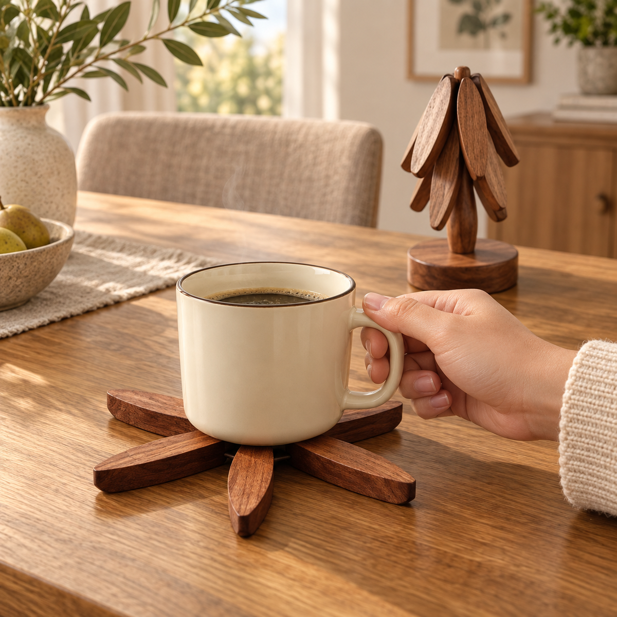 Folding Wooden Trivets — lifestyle in use
