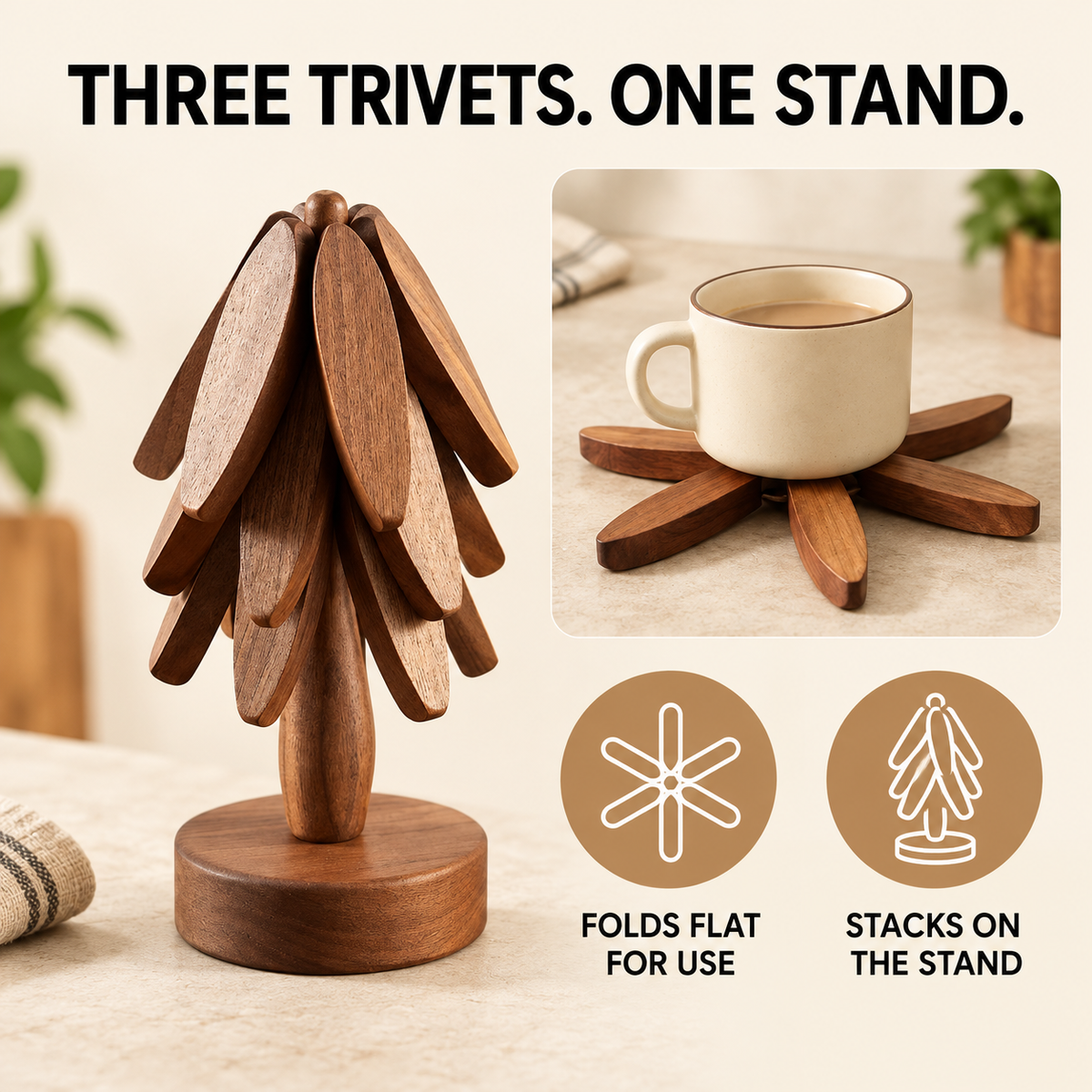 Folding Wooden Trivets — infographic fold and store