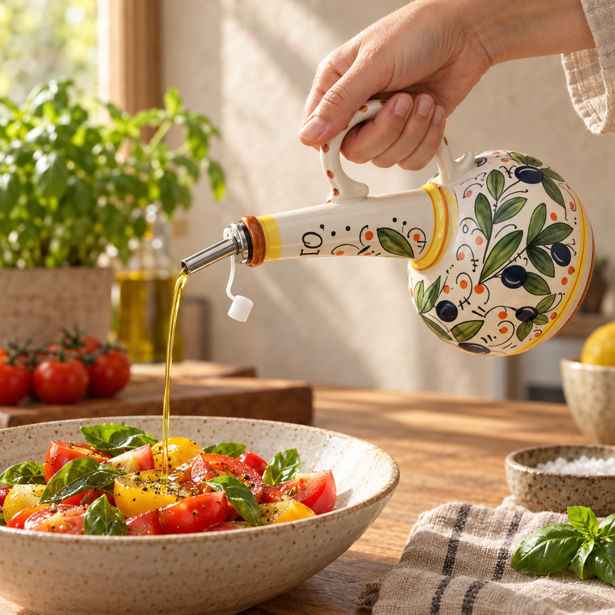 Olive Ceramic Oil Dispenser — in use