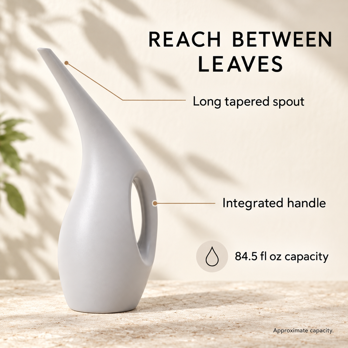 Curved-Spout Watering Can — infographic spout and capacity