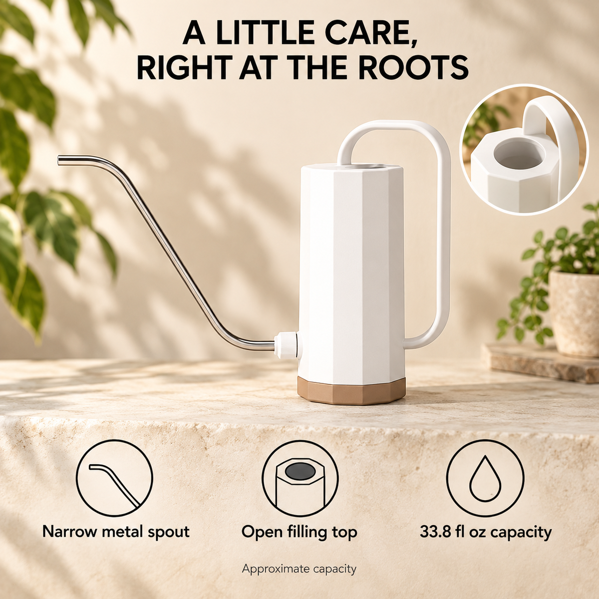 Gooseneck Watering Can — infographic watering details