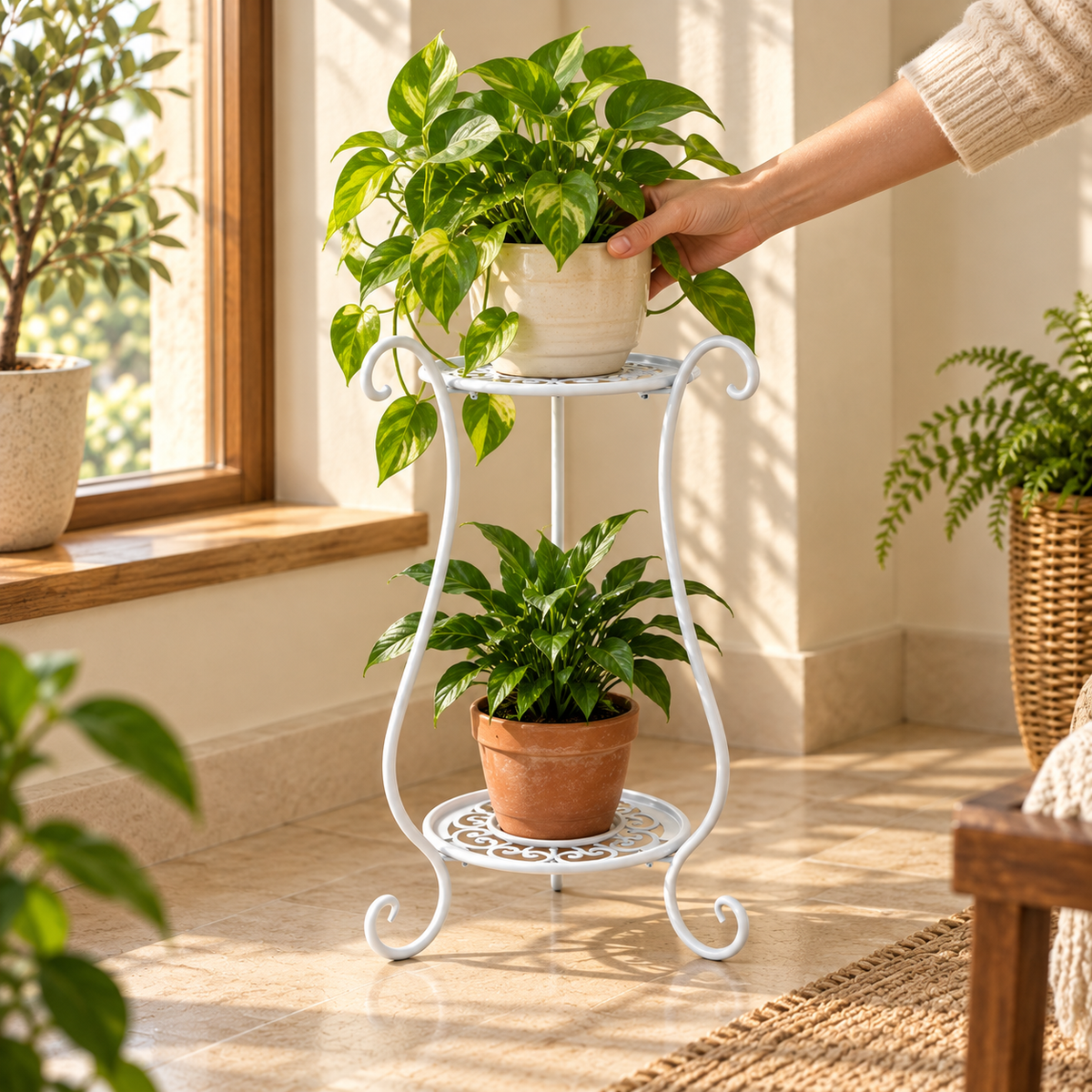 2-Tier Metal Plant Stand — lifestyle in use