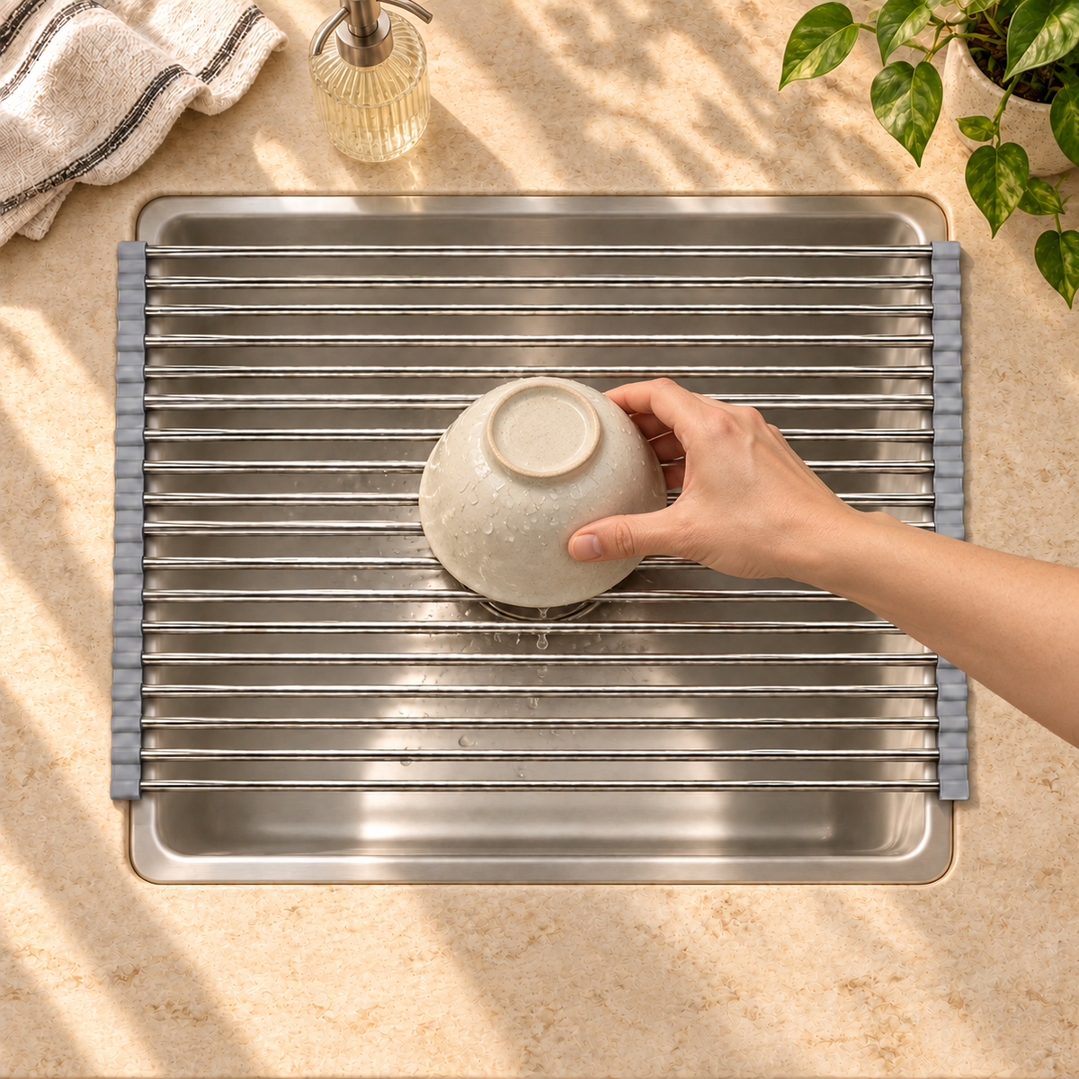 Roll-Up Dish Drying Rack — lifestyle in use