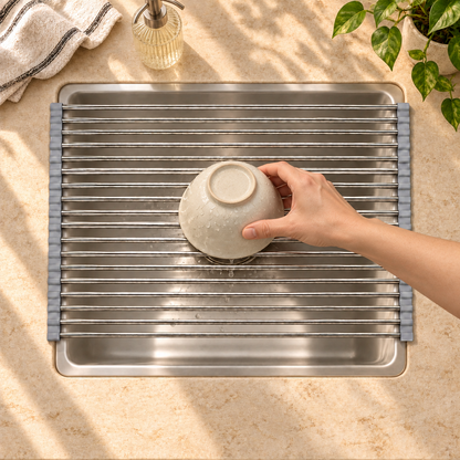 Roll-Up Dish Drying Rack — lifestyle in use