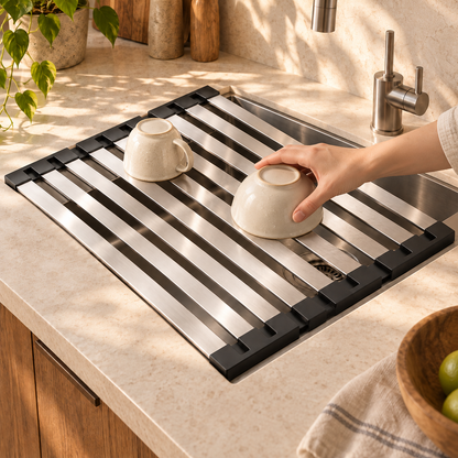 Folding Dish Drying Rack — lifestyle in use