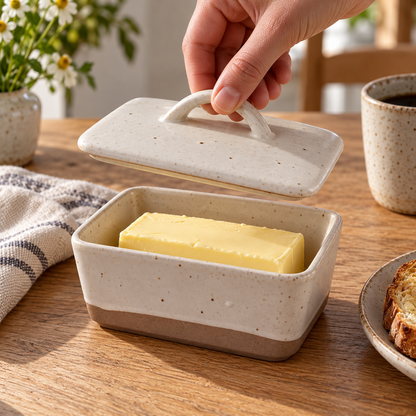 Speckled Ceramic Butter Dish — in use