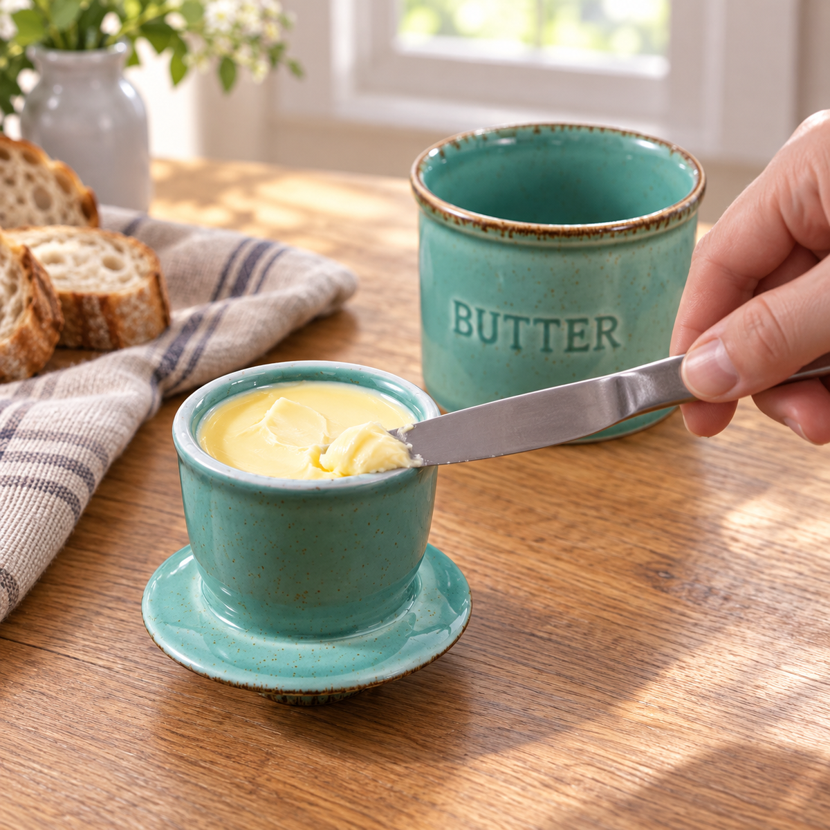 Glazed Ceramic Butter Crock — in use