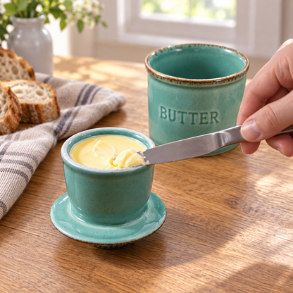 Glazed Ceramic Butter Crock — in use