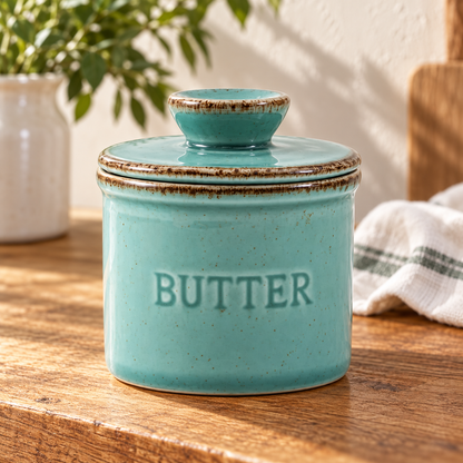 Glazed Ceramic Butter Crock — variant green