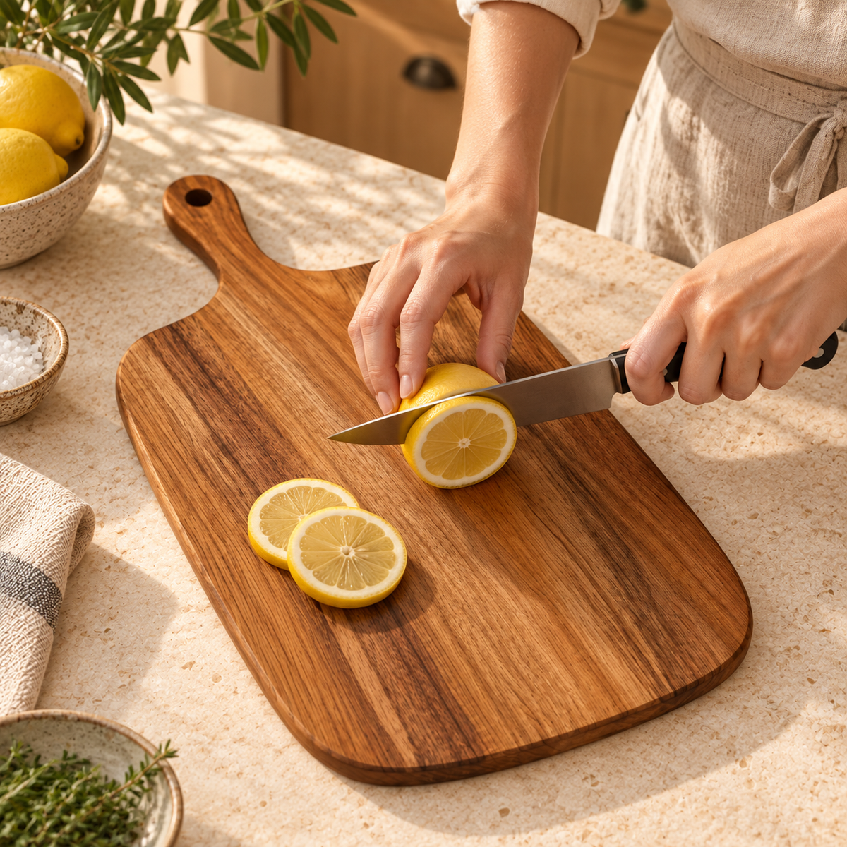 Wooden Cutting Board with Handle — lifestyle in use