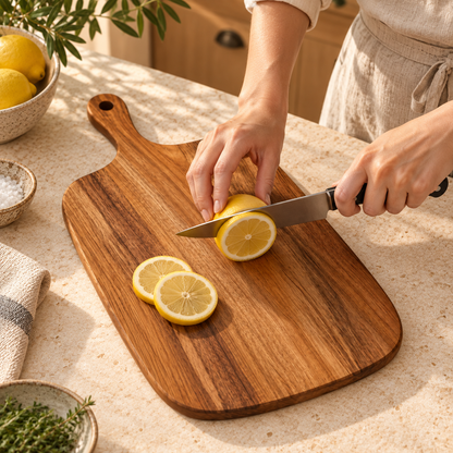 Wooden Cutting Board with Handle — lifestyle in use