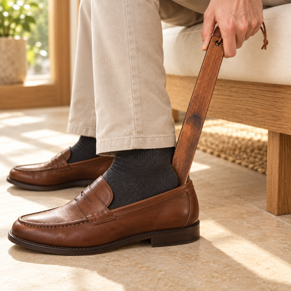 Wooden Shoe Horn — lifestyle in use