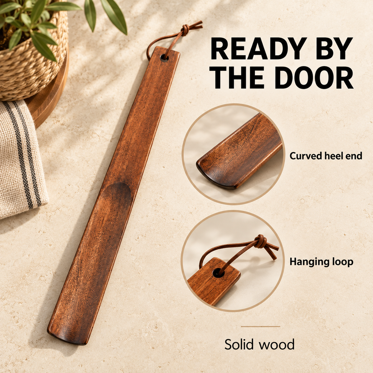 Wooden Shoe Horn — infographic heel and loop