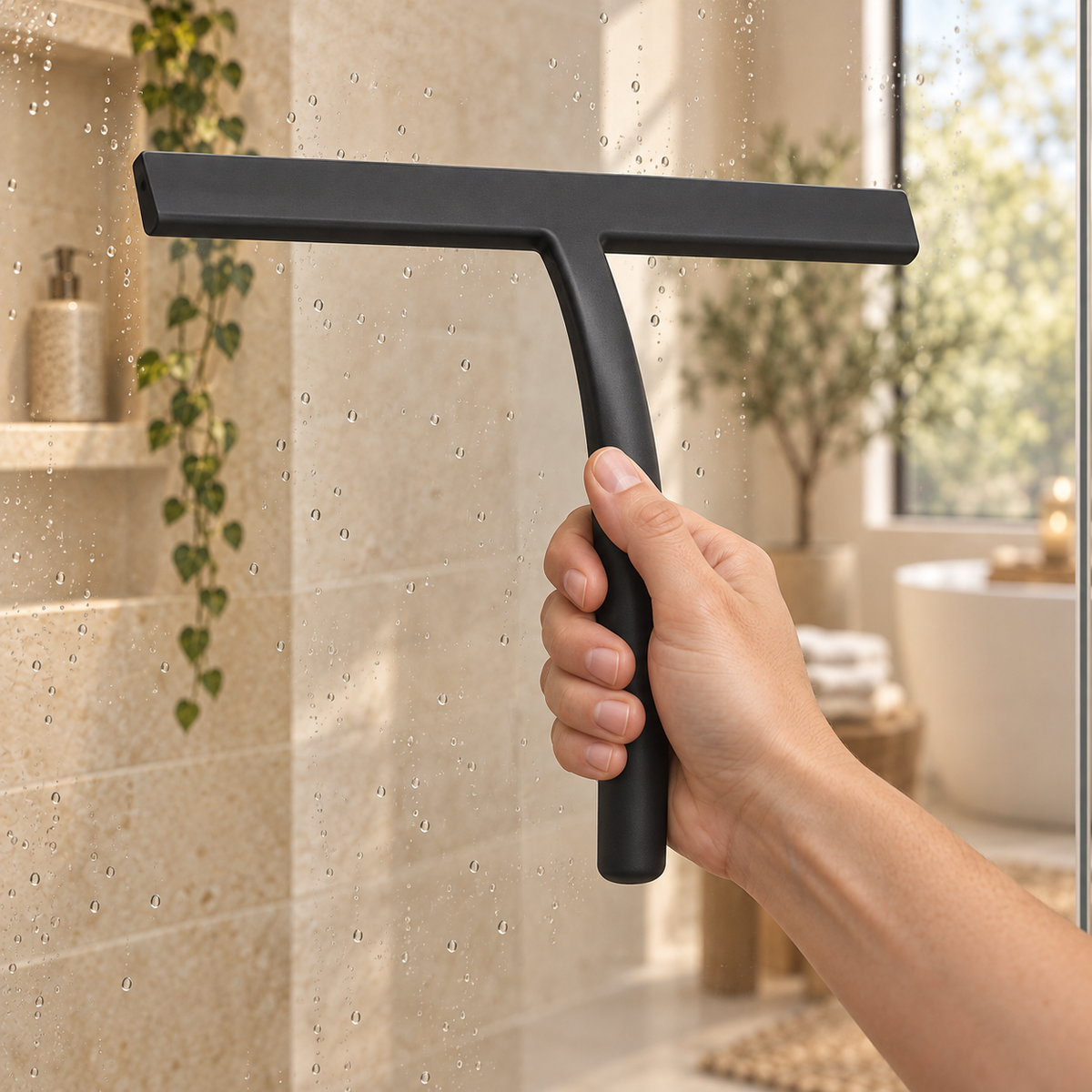 Silicone Shower Squeegee with Holder — lifestyle in use
