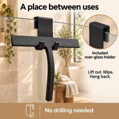 Silicone Shower Squeegee with Holder — infographic over glass holder