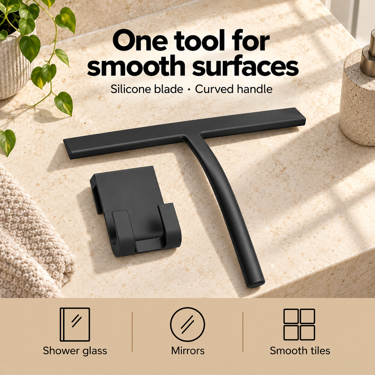 Silicone Shower Squeegee with Holder — infographic smooth surfaces