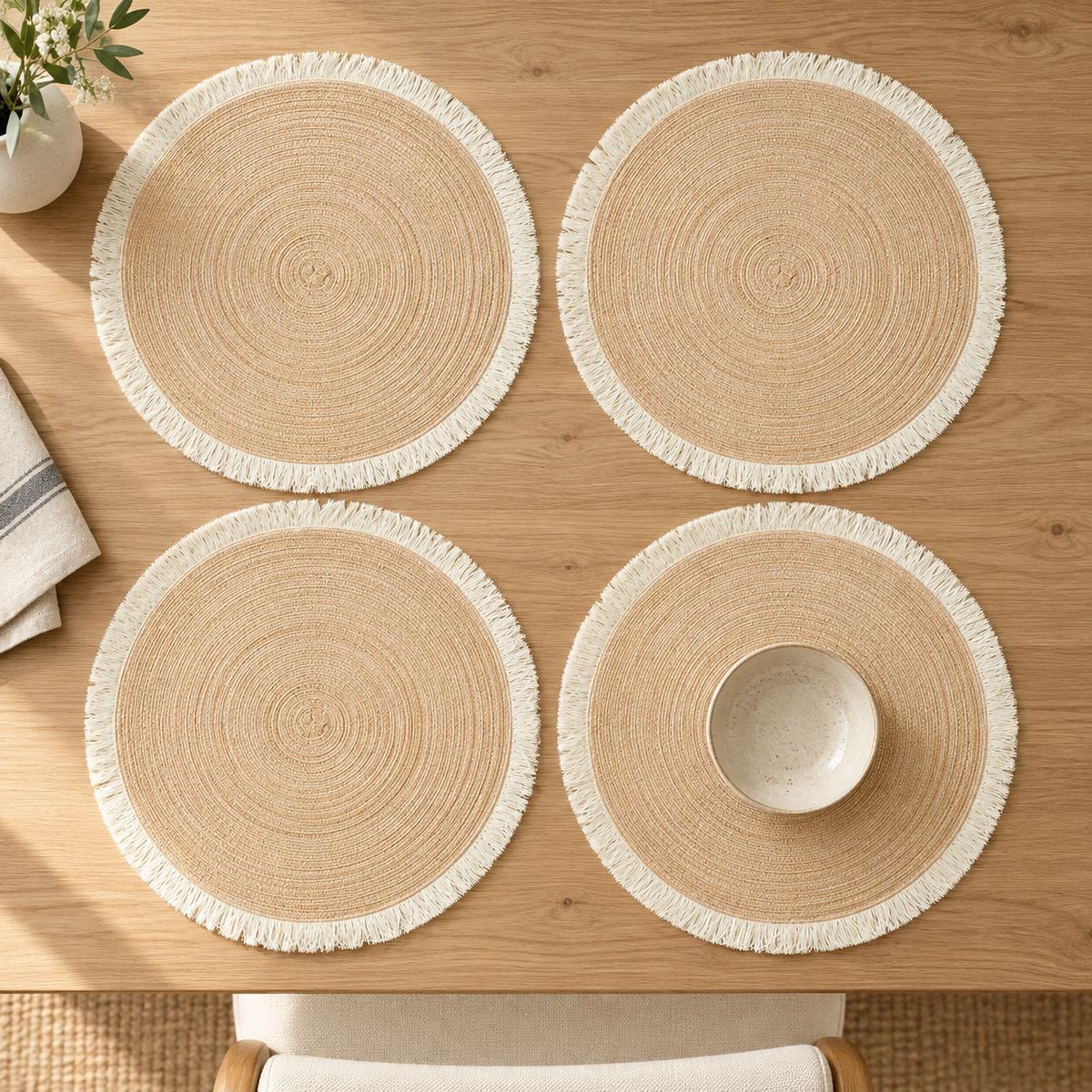 Round fringed placemats, set of four, arranged on a dining table