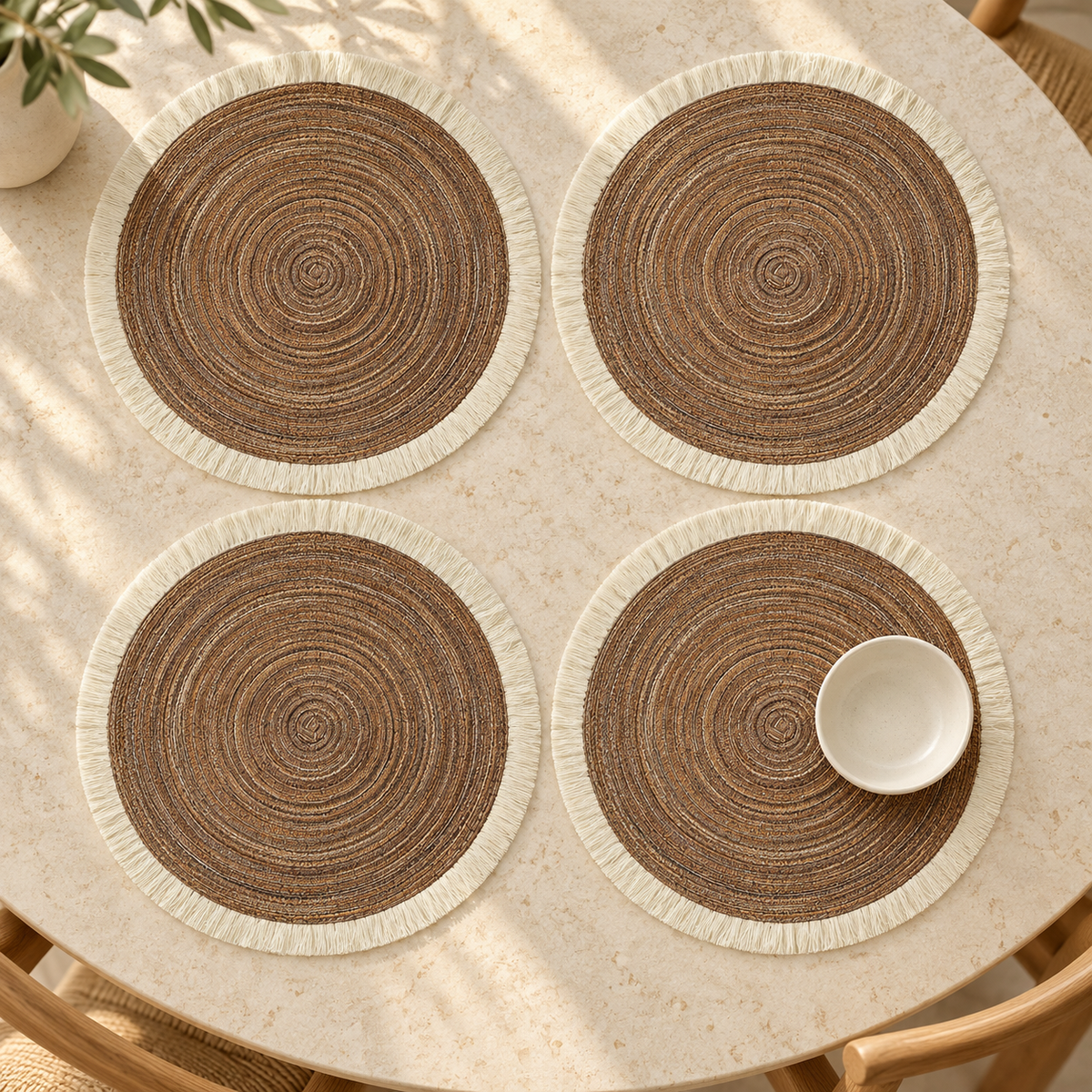 Round Fringed Placemats, Set of 4 — Brown variant