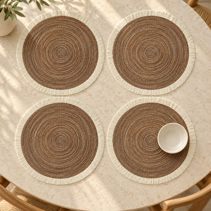 Round Fringed Placemats, Set of 4 — Brown variant