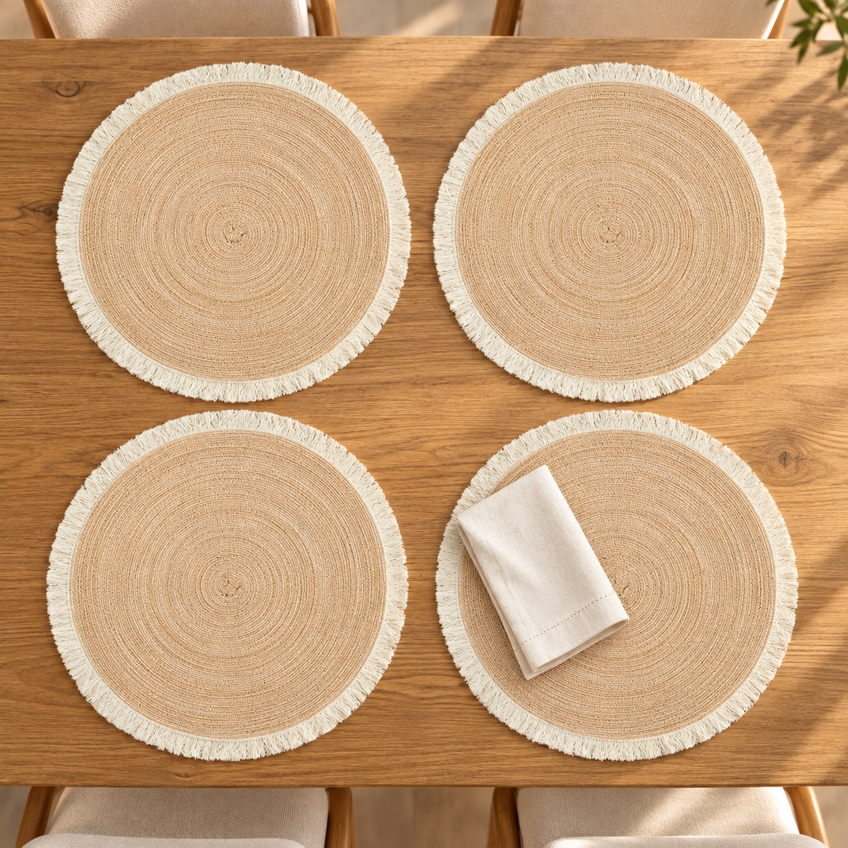 Round Fringed Placemats, Set of 4 — Beige variant